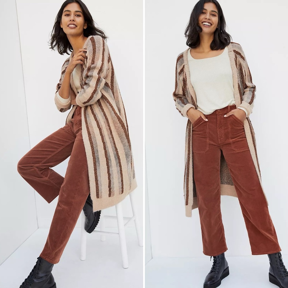 Anthropologie FRNCH Beige Chantal Shimmer Stripe Knit Kimono ONE SIZE FITS MOST